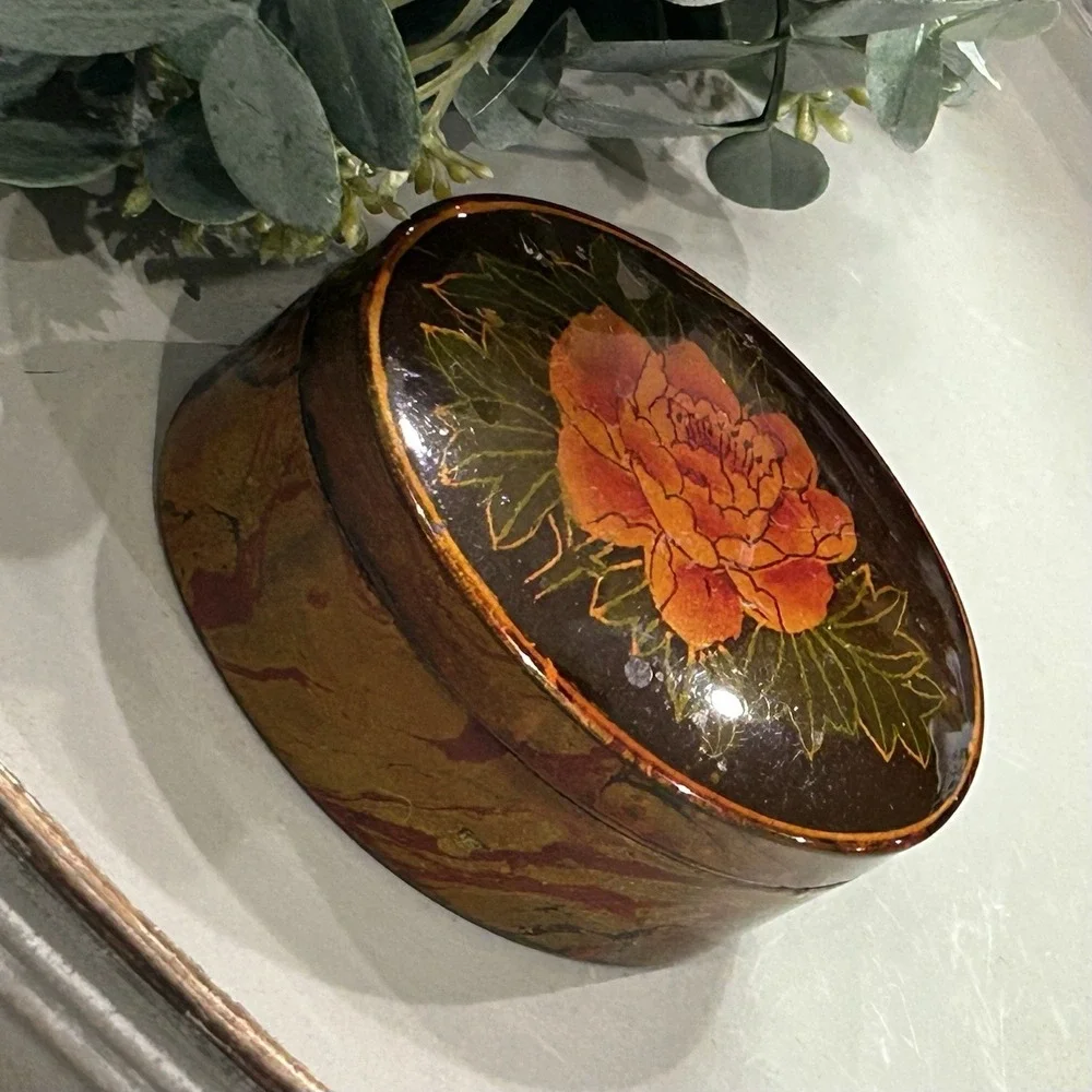 Vintage‎ Cabbage Rose Painted Trinket Box With Lid
